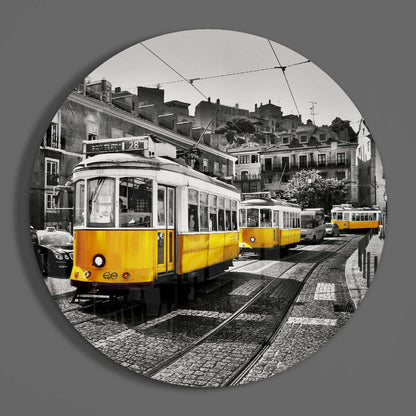 Yellow Trams Cobbled Street Glass Wall Art