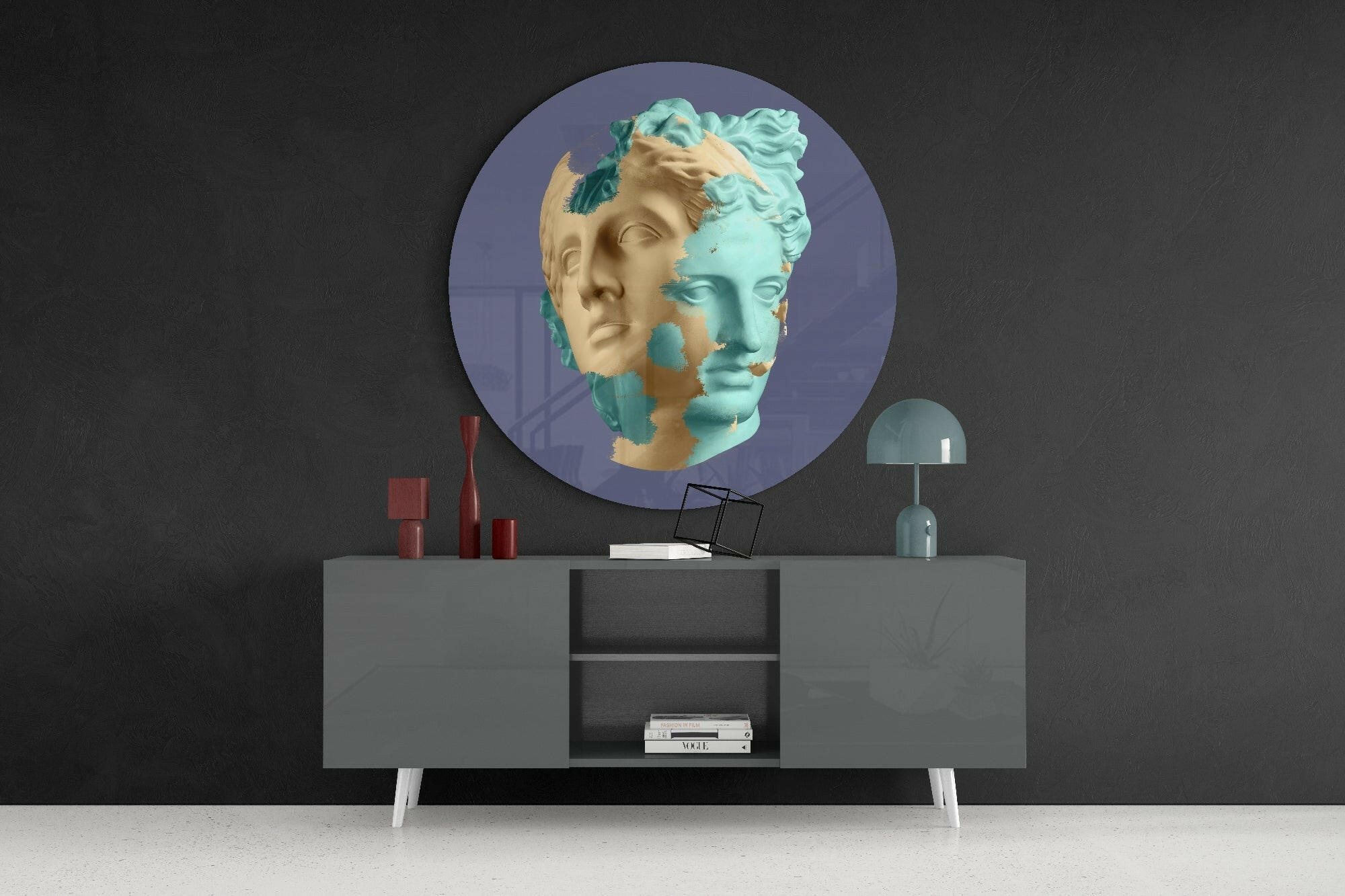 Split Mint and Beige Statue Head Glass Wall Art