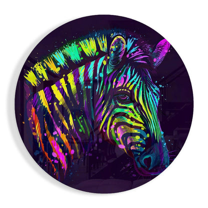 Round Rainbow Zebra Paint Drips Glass Wall Art