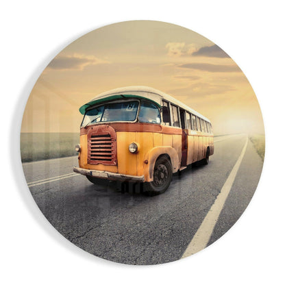 Round Classic Bus Country Road Glass Wall Art