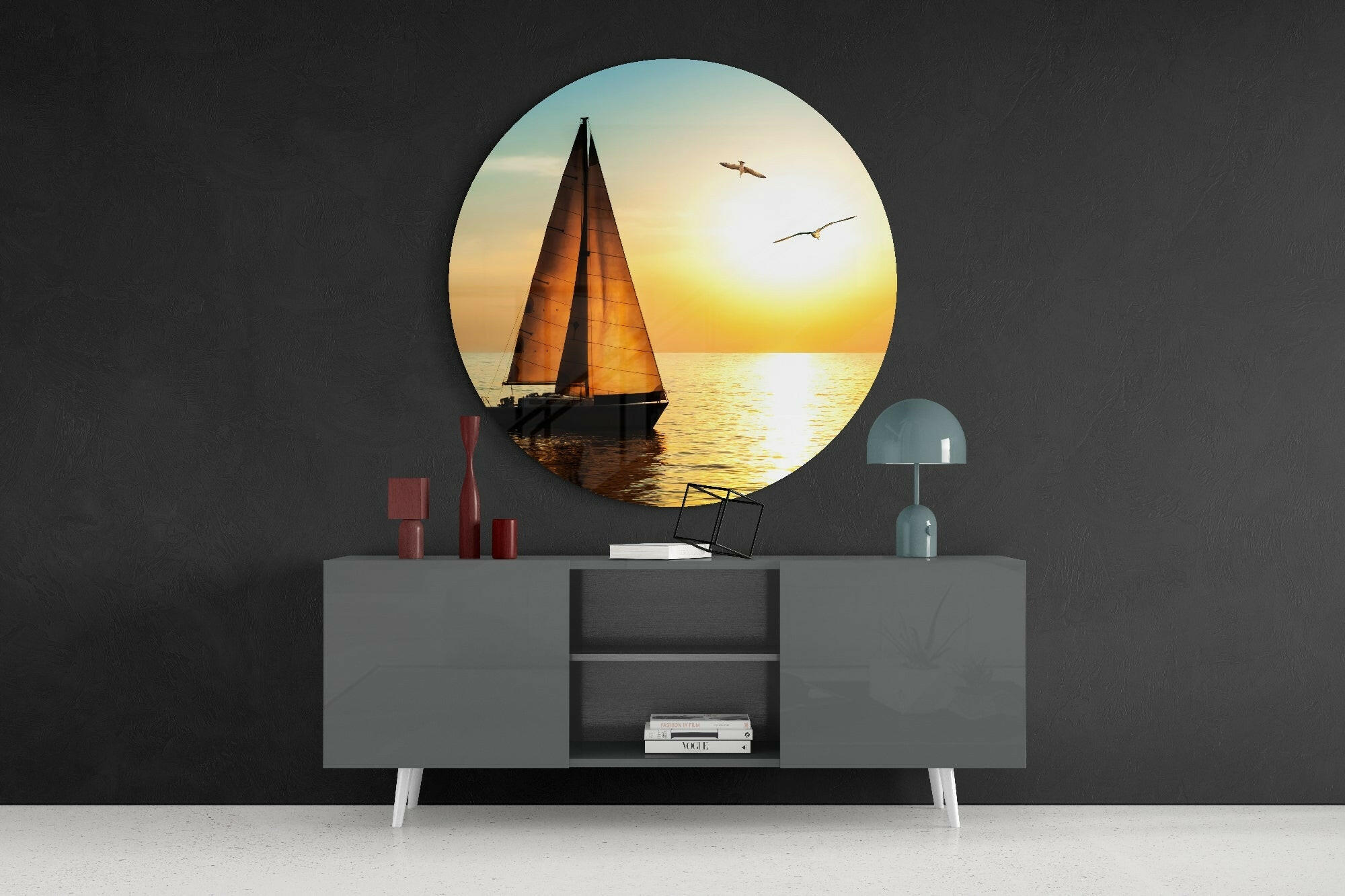 Round Amber Sunset Sailboat Seascape Glass Wall Art