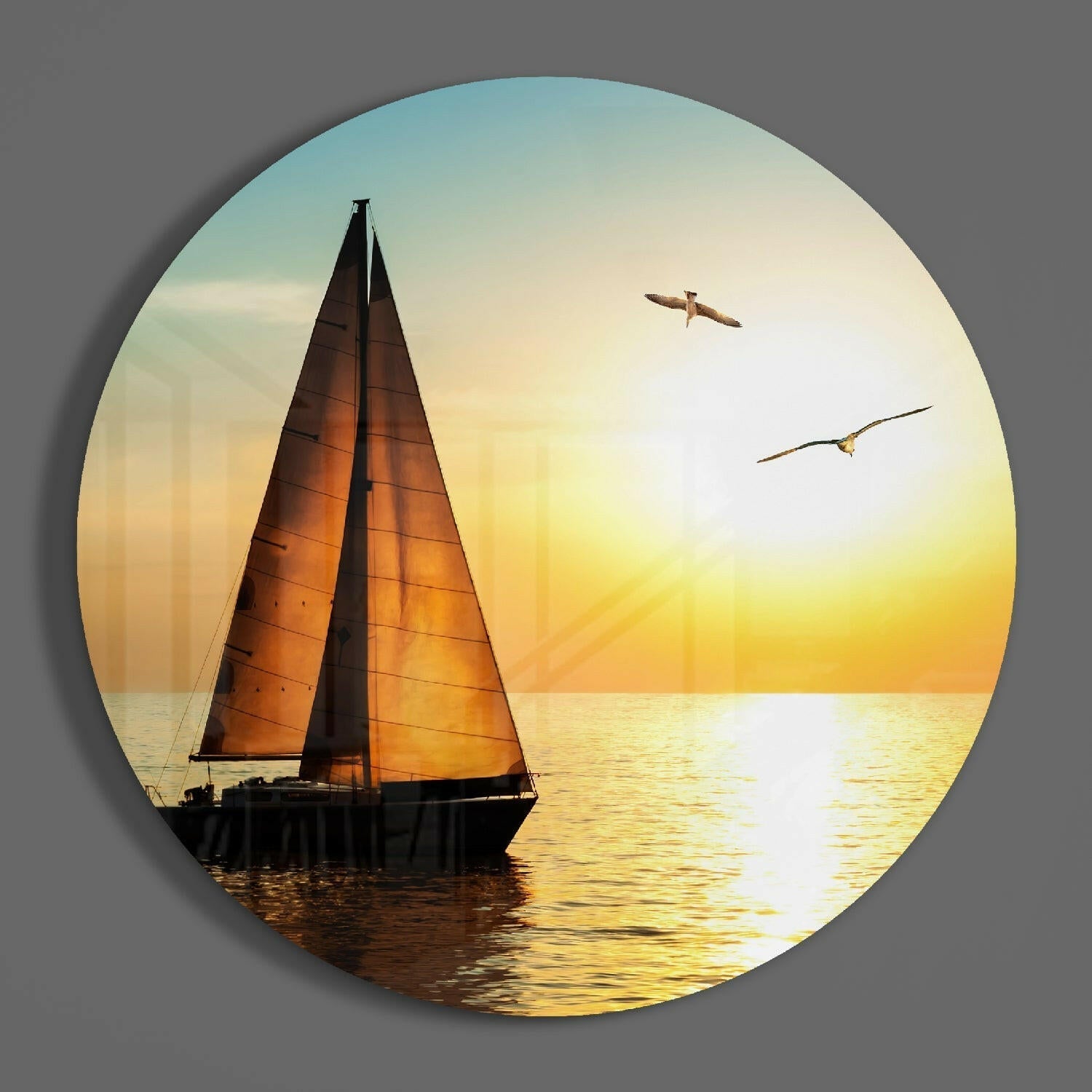 Round Amber Sunset Sailboat Seascape Glass Wall Art