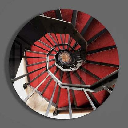Round Crimson Octagon Stairwell Glass Wall Art