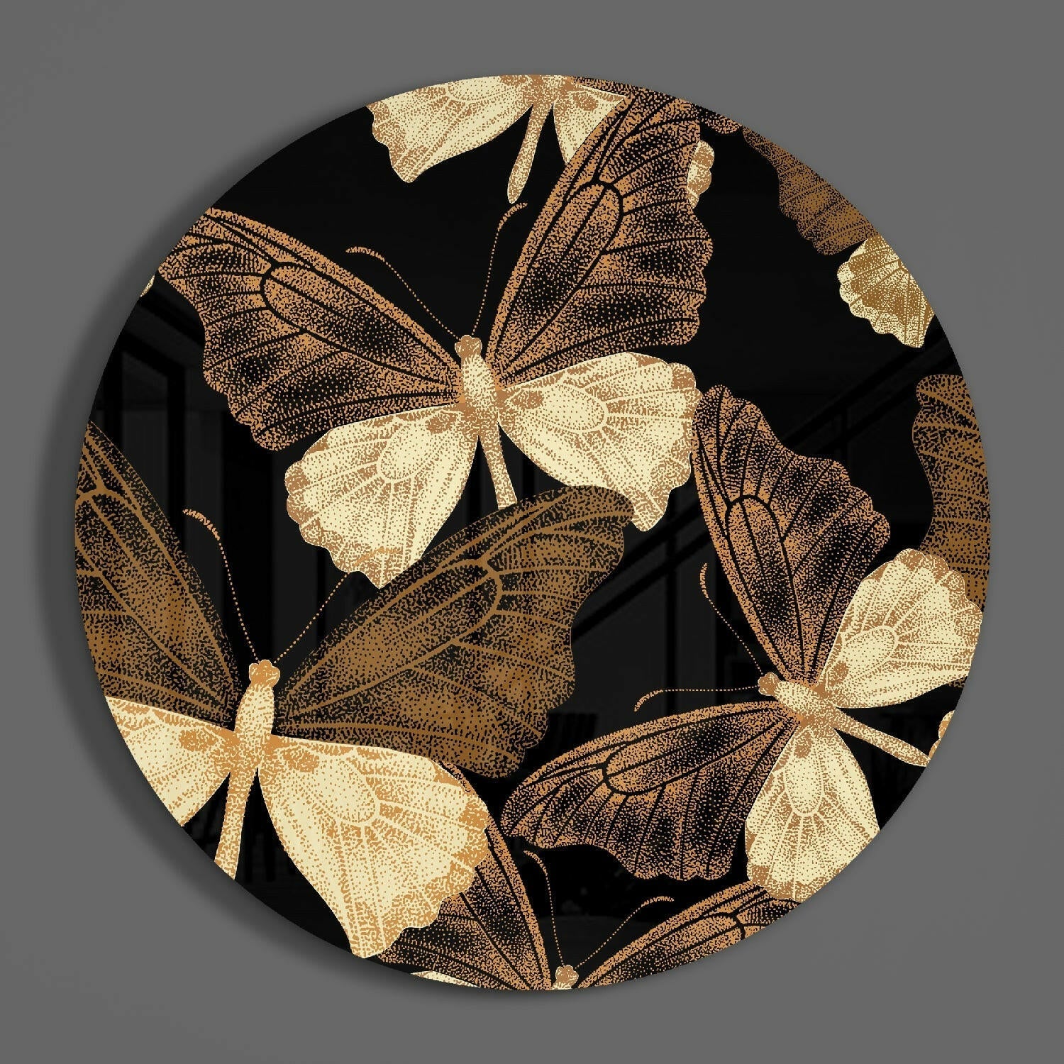 Round Gold Butterfly Swarm Glass Wall Art