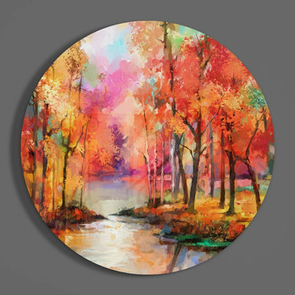 Fiery Fall Trees Riverside Glass Wall Art