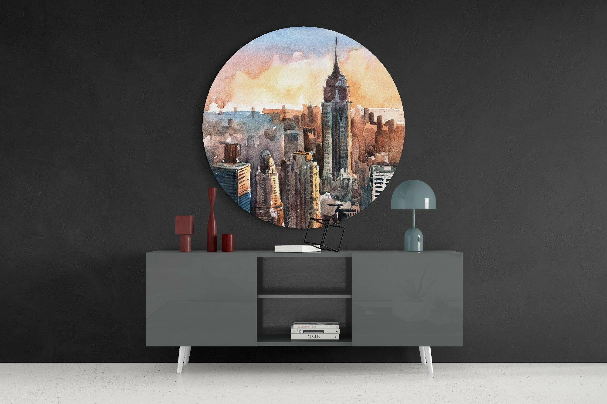 Round Watercolor Sunset Skyline New York Glass Wall Art