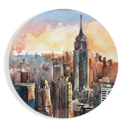 Round Watercolor Sunset Skyline New York Glass Wall Art