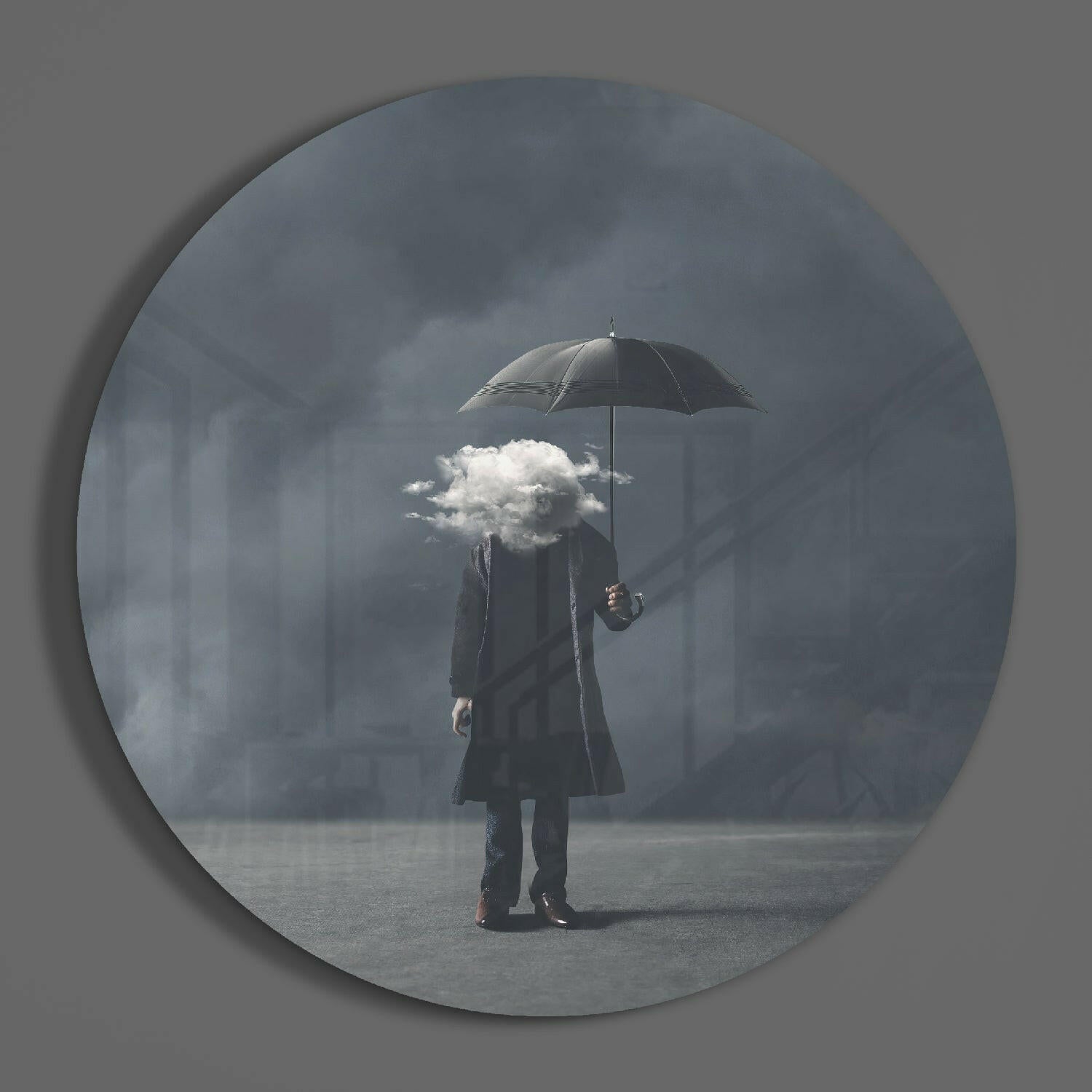 Round Cloud Head Man In Gray Mist Glass Wall Art
