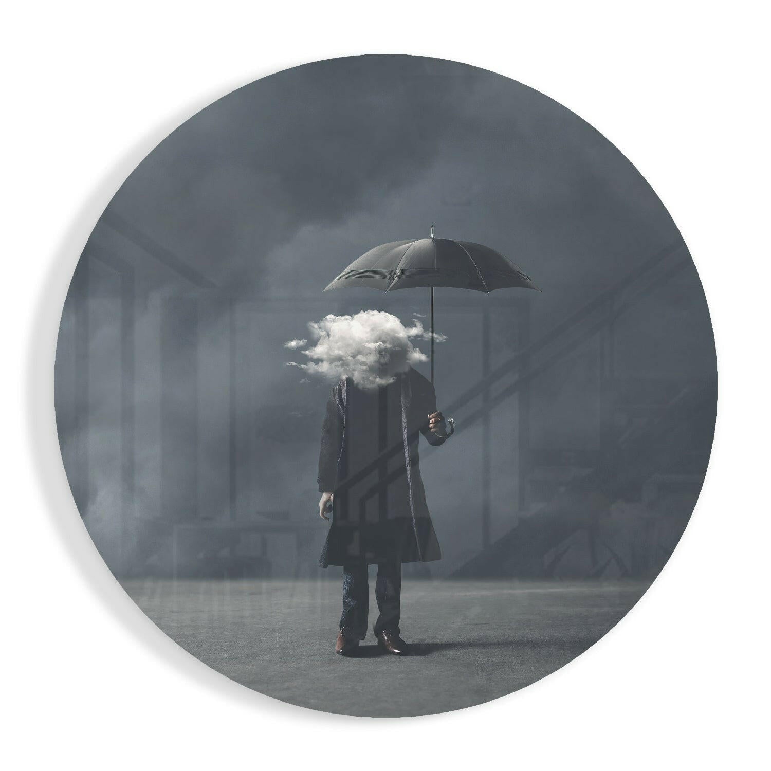 Round Cloud Head Man In Gray Mist Glass Wall Art