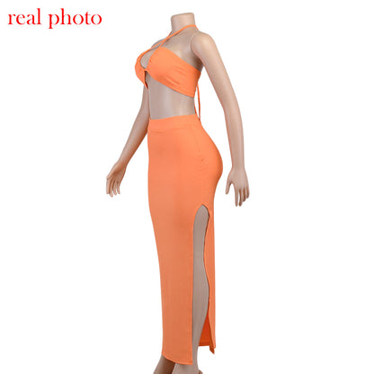 Cryptographic Bandage Cut Out Sexy Halter Neck Top and Skirts Set Gathered Elegant