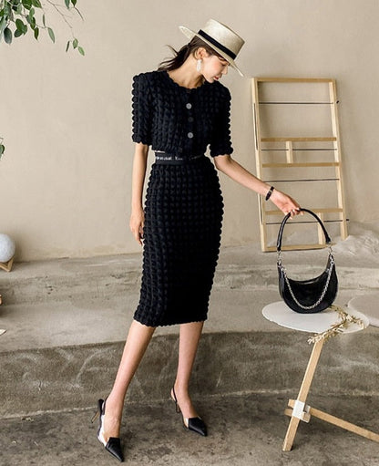 Summer Ladies 2 Pieces Skirt Set Short Sleeve Single-breasted Tops &amp; High Waist