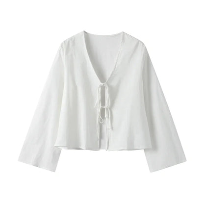 Cotton Linen Lace Up Bow Shirts Women Loose Hollow Out V Neck Long Sleeve Tops