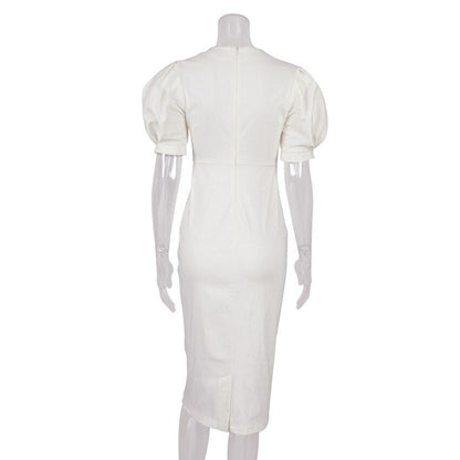 Summer Puff Short Sleeve Dress O-neck Office Lady Solid Color A-line Dress