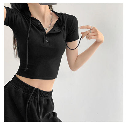 Fashion Hooded T-shirts Women Summer Tight Short Sleeve Y2k Tees Gray Crop Tops Female