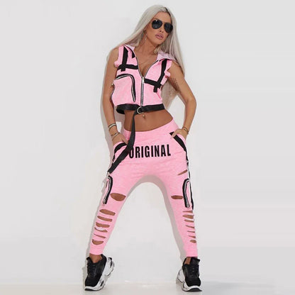 Women’s Hooded Vest &amp; Ripped Pants Set Streetwear