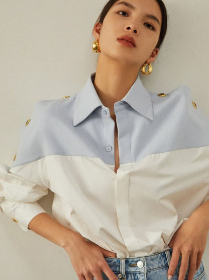 Patchwork Lapel Women Shirts Long Sleeve Single-breasted Loose Female Blouses