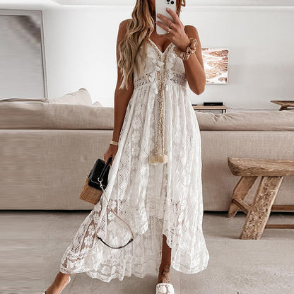 Women Dress Beach Style Elegant White Lace Spaghetti Srap Sundress Female Hollow Out Boho