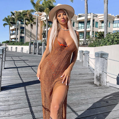 Spaghetti Strap Backless V-neck Loose Beach Dress Women&