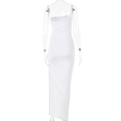 Drawstring High Slit Shoulder Slim Elastic Maxi Bodycon Dress