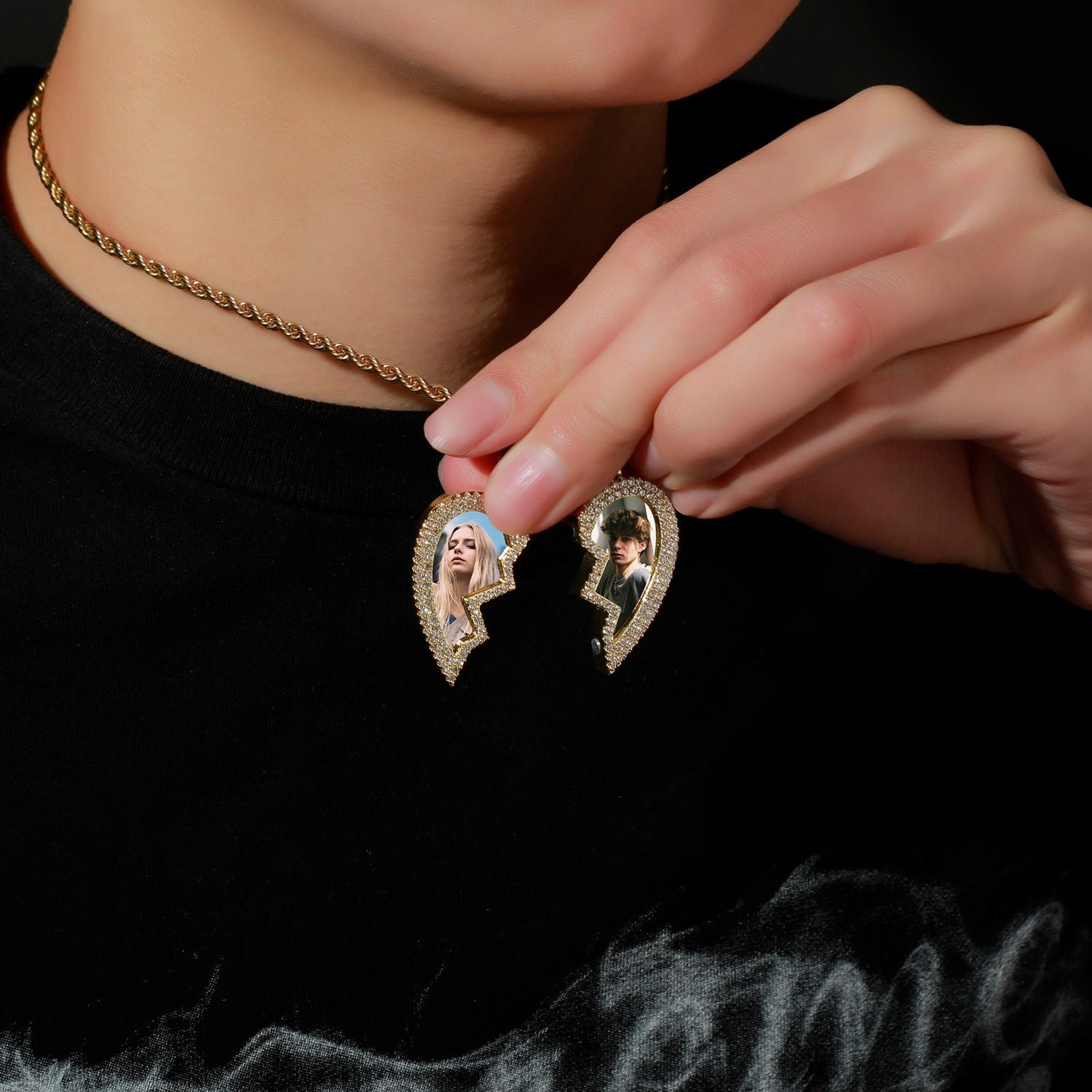 Broken Heart Photo Magnetic Frame Pendant 2 Pictures Hiphop Jewelry