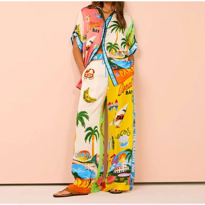 Beach Printed Lapel Shirt Pants Suits