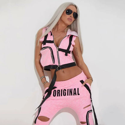 Women’s Hooded Vest &amp; Ripped Pants Set Streetwear