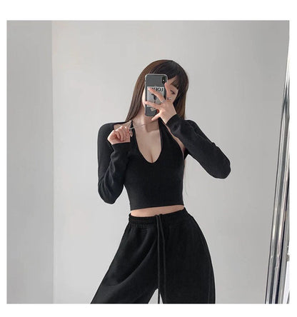 Y2K T-shirt Two Piece Women Long Sleeve Smock+Knitted Halterneck Camis Skinny Cropped Tops Woman