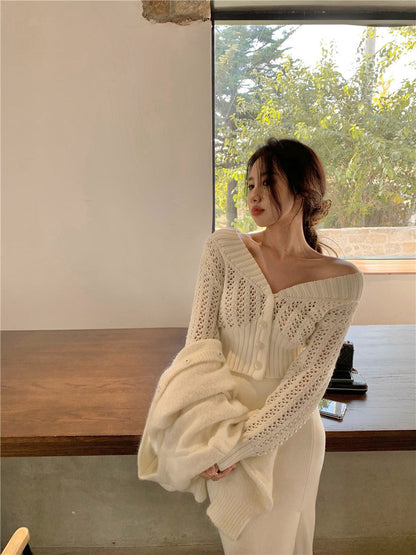 Women Hollow Sweater Cardigan Outerwear V Neck Button Knitted Tops Jackets