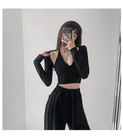Y2K T-shirt Two Piece Women Long Sleeve Smock+Knitted Halterneck Camis Skinny Cropped Tops Woman
