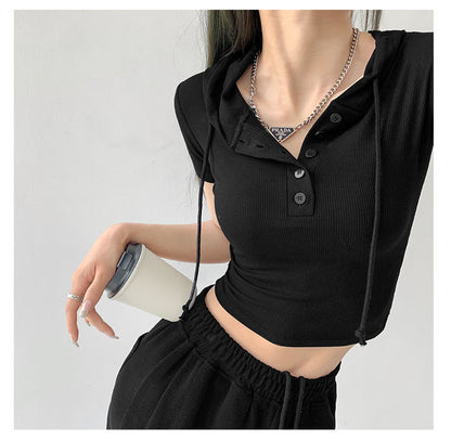 Fashion Hooded T-shirts Women Summer Tight Short Sleeve Y2k Tees Gray Crop Tops Female