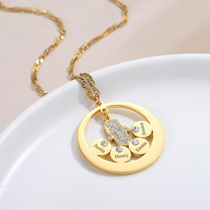 Round Family Name Necklace Hamsa Hand Stainless Steel Necklace Zircon Evil Eye Fatma&
