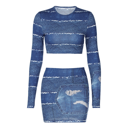 Print O Neck Long Sleeve Vintage Sexy Crop Top Patchwork Skirt 2 Pcs Set