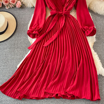 Slim Dress Elegant A Line V Neck Puff Sleeve Chiffon Pullover Mid-Calf Dresses