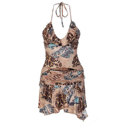 Ruffles Print Halter Sleeveless Crop Top Draped Skirts 2 Pcs Set