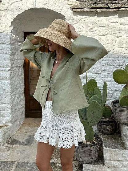 Street Lace Up Shirts Women Sexy Hollow Out V Neck Long Sleeve Femlae T-shirt