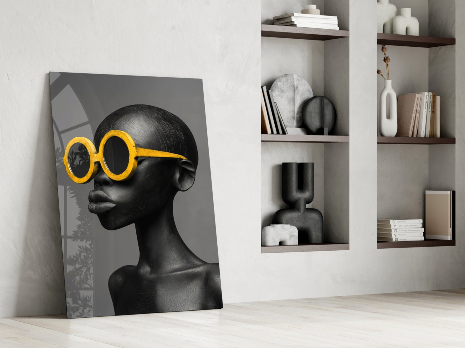 Yellow Round Sunglasses Gray Portrait Glass Wall Art