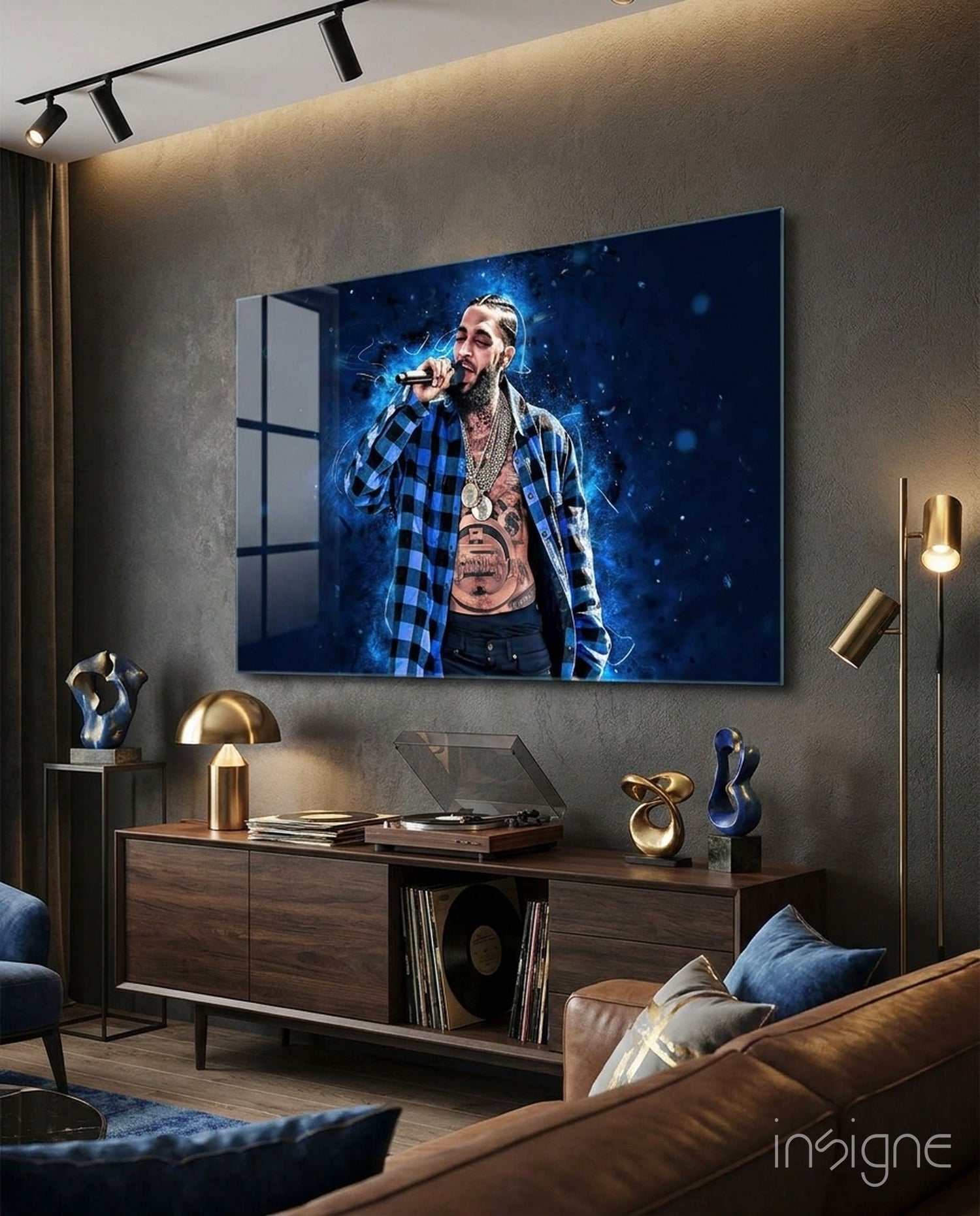 Midnight Blue Smoke Mic Rapper Glass Wall Art