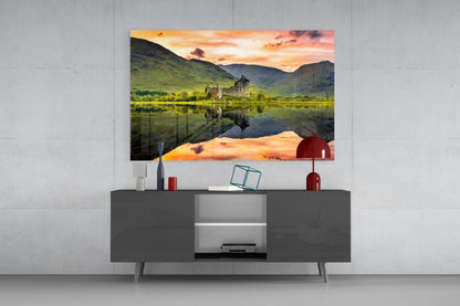 Highland Castle Sunset Reflection Glass Wall Art