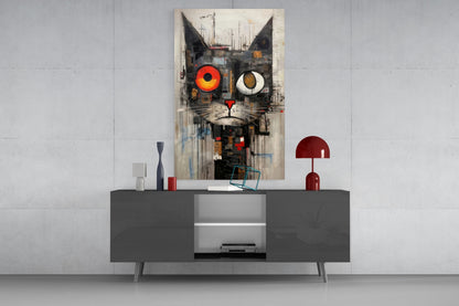 Quirky Mismatched Eye Cat Glass Wall Art