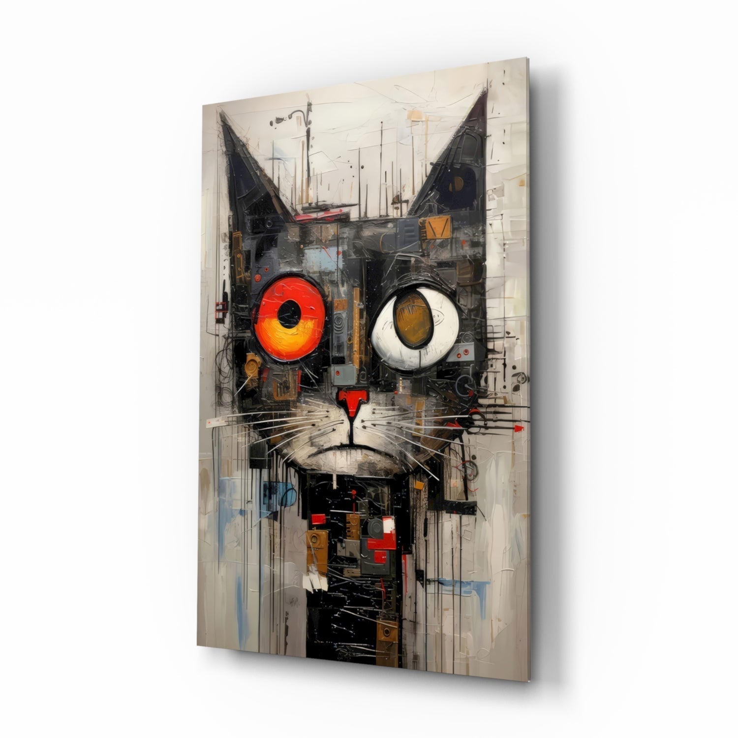 Quirky Mismatched Eye Cat Glass Wall Art