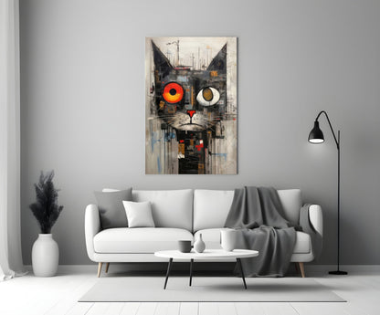 Quirky Mismatched Eye Cat Glass Wall Art