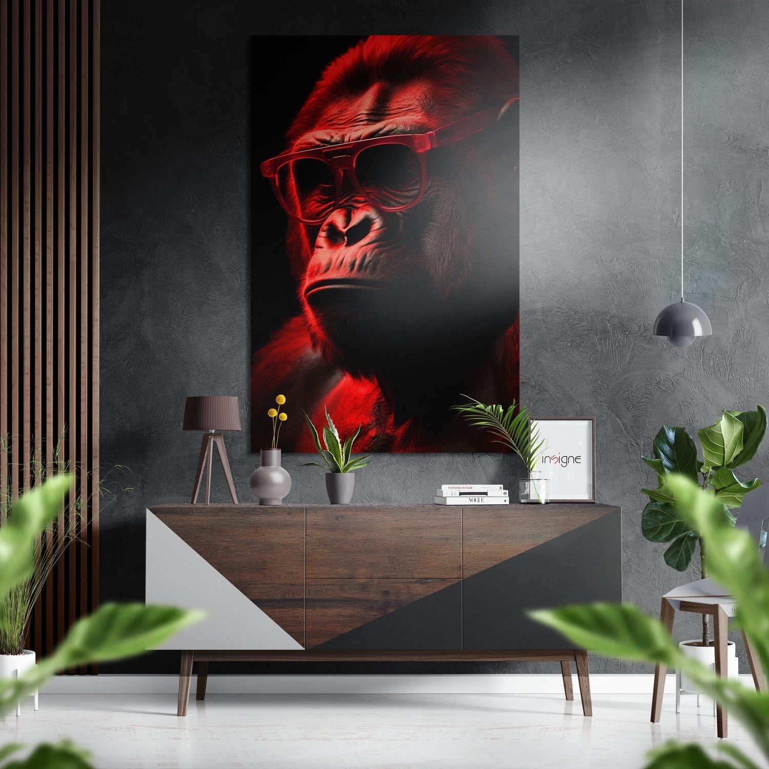 Crimson Red Gorilla in Sunglasses Brushed Aluminum Dibond Wall Art