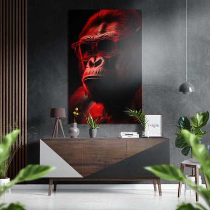 Crimson Red Gorilla in Sunglasses Brushed Aluminum Dibond Wall Art
