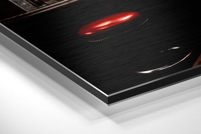 Red Dress Woman on Bar Stool Brushed Aluminum Dibond Wall Art