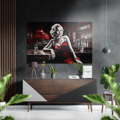 Red Satin Woman Leaning on Bar Brushed Aluminum Dibond Wall Art