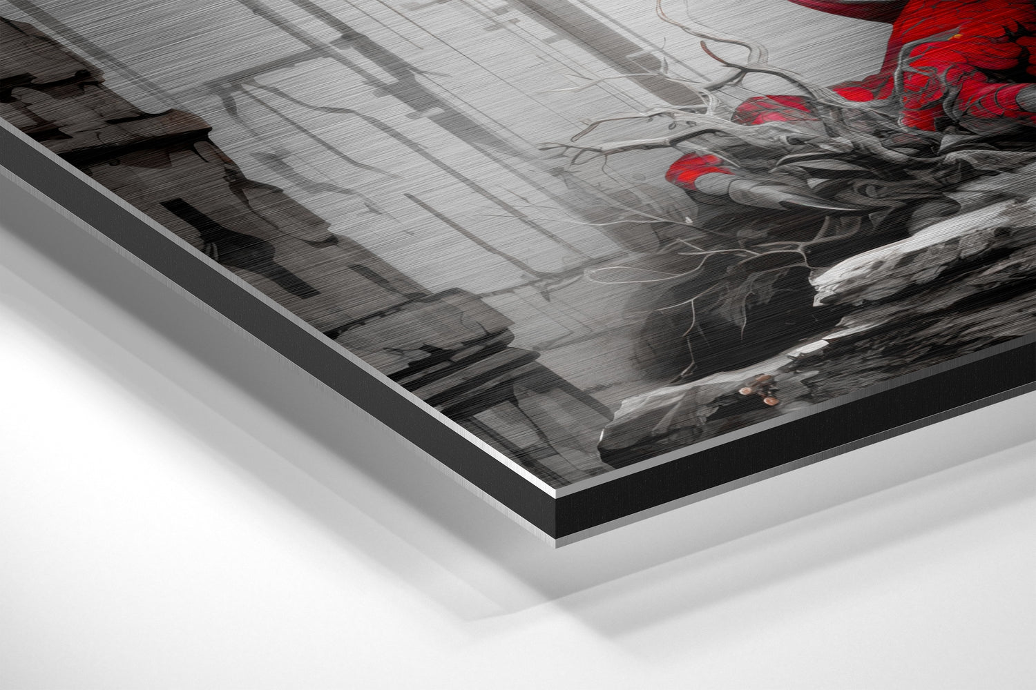 Crimson Grey Dragon On Stone Ruins Brushed Aluminum Dibond Wall Art