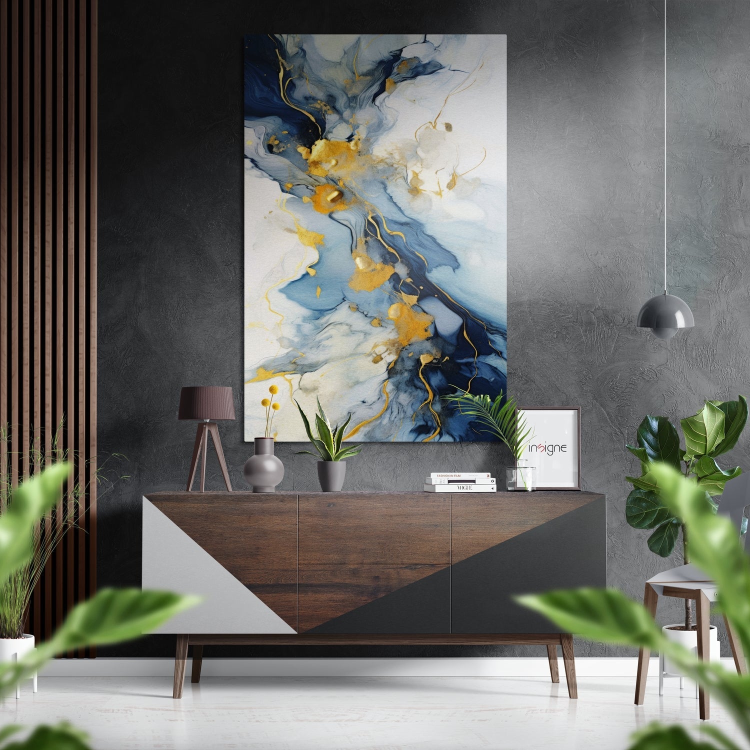 Navy Blue and Gold Marble Ink Brushed Aluminum Dibond Wall Art