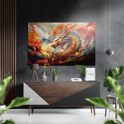Golden Dragon In Pastel Clouds Brushed Aluminum Dibond Wall Art