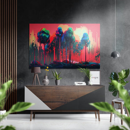 Coral Sky Teal Dripping Tree Grove Brushed Aluminum Dibond Wall Art
