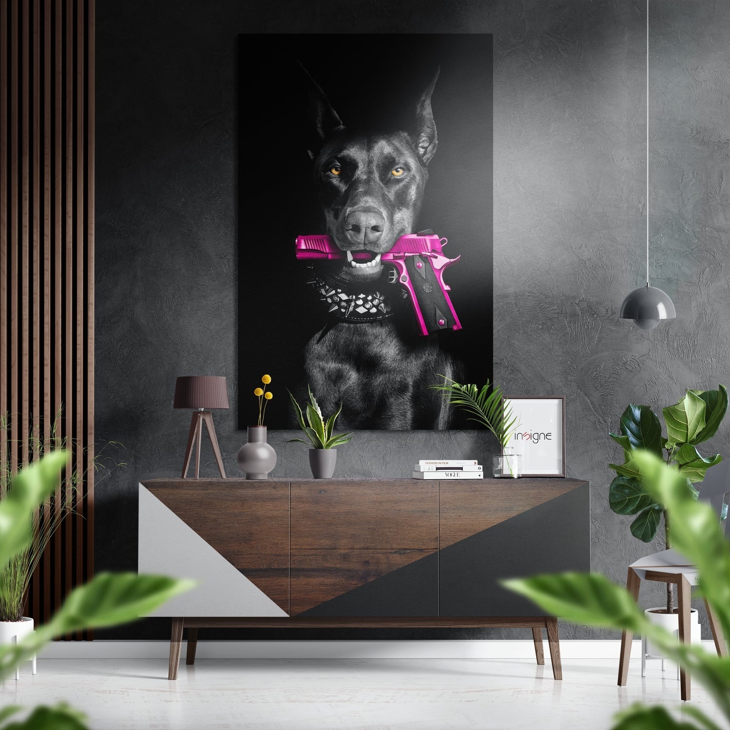 Black Doberman With Pink Pistol Brushed Aluminum Dibond Wall Art